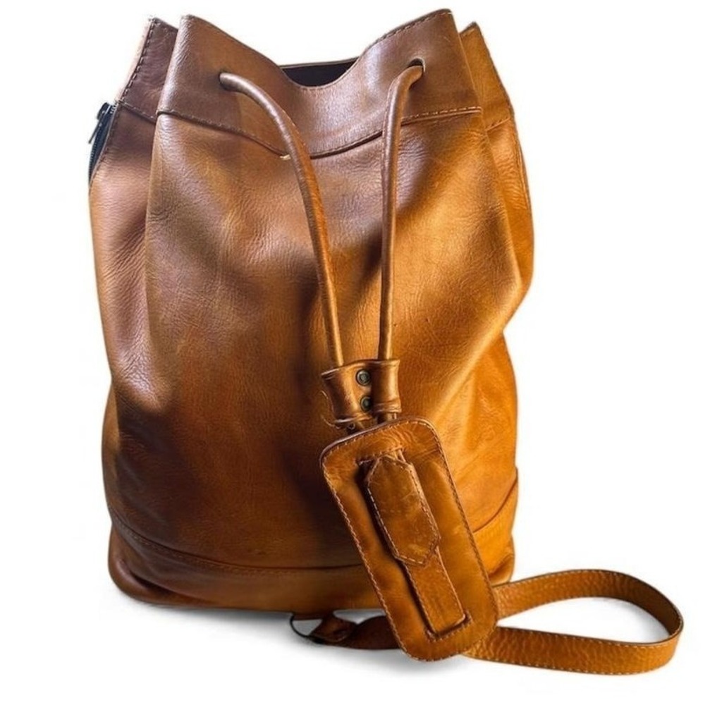 Kalahari Leather Bucket Backpack Brown Drawstring Flap Pocket Adjustable Straps - Picture 6 of 9